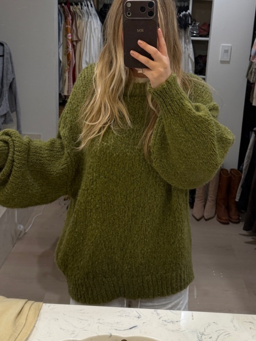 Zara Olive Green Plush Balloon-Sleeve Sweater